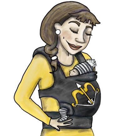 Piirretty kuva naisesta, jolla vauva kantorepussa etupuolella