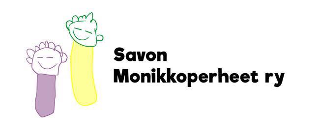 Savon Monikkoperhet ry: logo, jossa kaksi lapsen piirtämää hahmoa