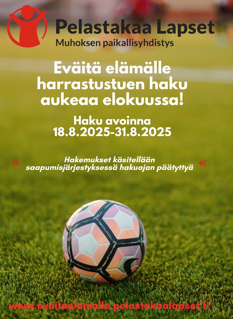 Värikäs jalkapallo nurmikentällä. Tekstinä harrastustukihakemuksen hakuaika.