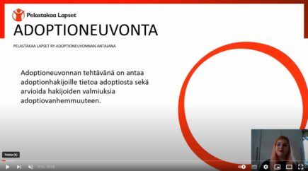 Lastensuojelupalvelut, adoptioneuvonta, videon thumbnail, jossa esityksen kansi ja esityksen pitäjä