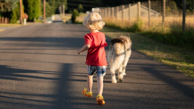 Lapsi kävelee ison koiran kanssa.