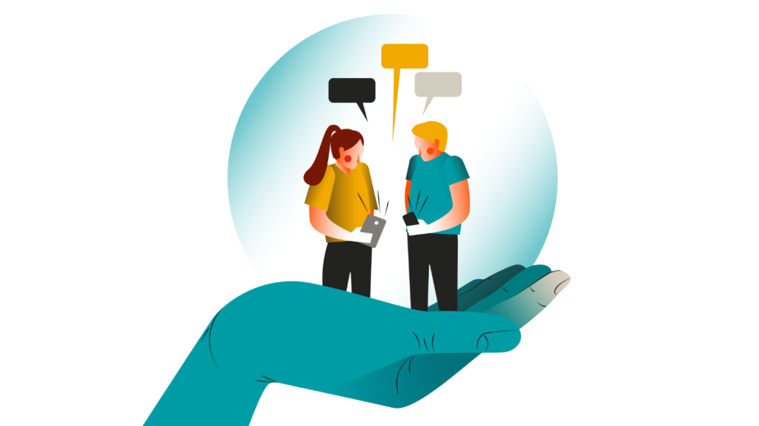 Piirroskuva, jossa kaksi nuorta seisoo käden päällä älypuhelintensa kanssa mietteliään oloisina.