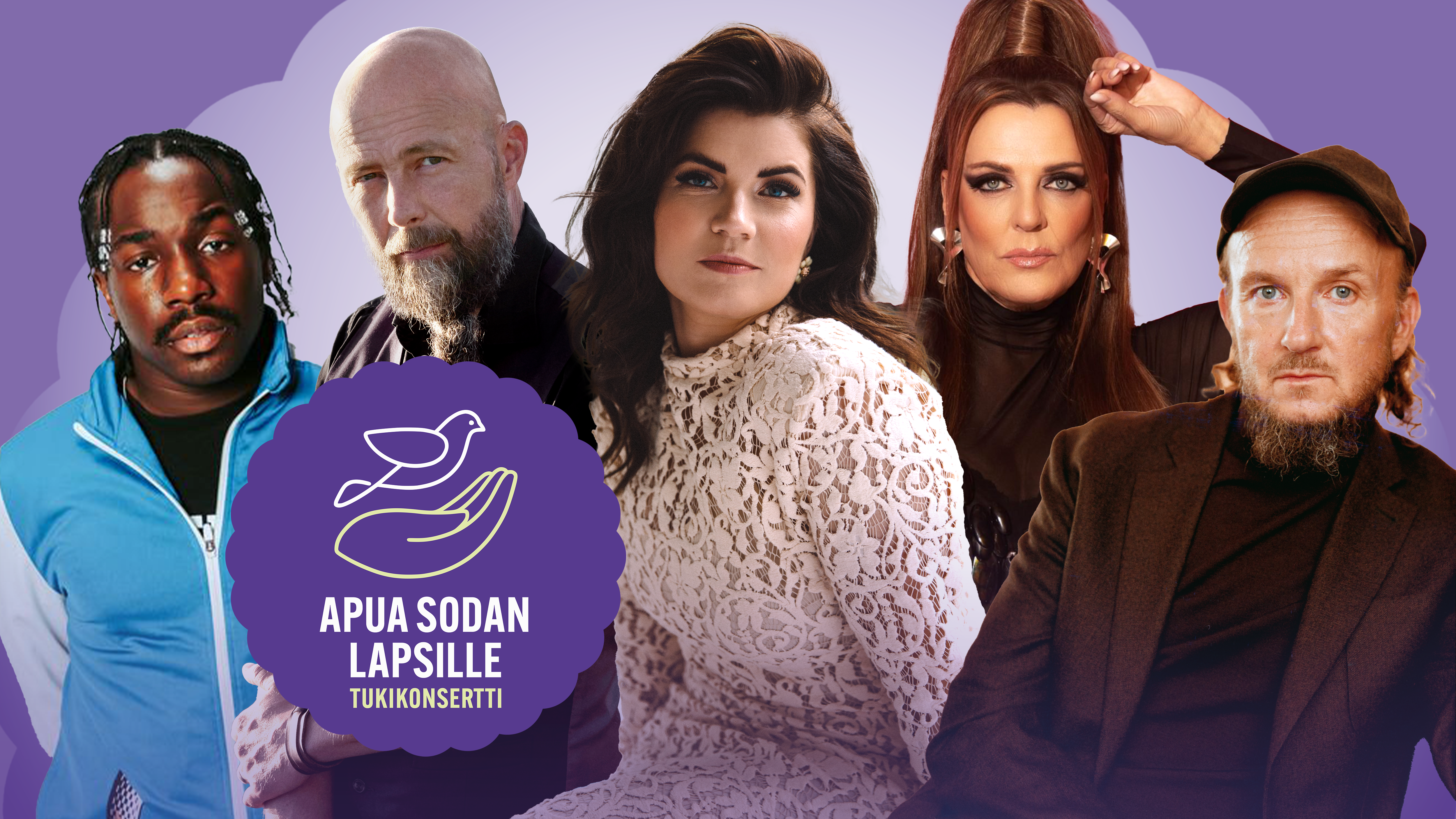 Viisi esiintyjää tukikonsertin promokuvassa violetilla taustalla. Kuvassa keskellä pyöreä violetti logo, jossa valkoinen piirroskuva kyyhkysestä ja kädestä sekä teksti 'Apua sodan lapsille – tukikonsertti'.