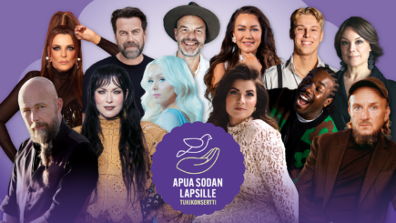 Kaksitoista esiintyjää tukikonsertin promokuvassa violetilla taustalla. Kuvassa keskellä pyöreä violetti logo, jossa valkoinen piirroskuva kyyhkysestä ja kädestä sekä teksti 'Apua sodan lapsille – tukikonsertti'.