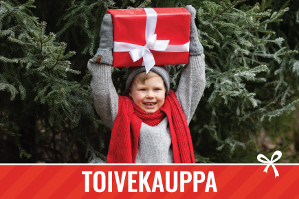 Poika pitää iloisena joulupakettia käsissään.