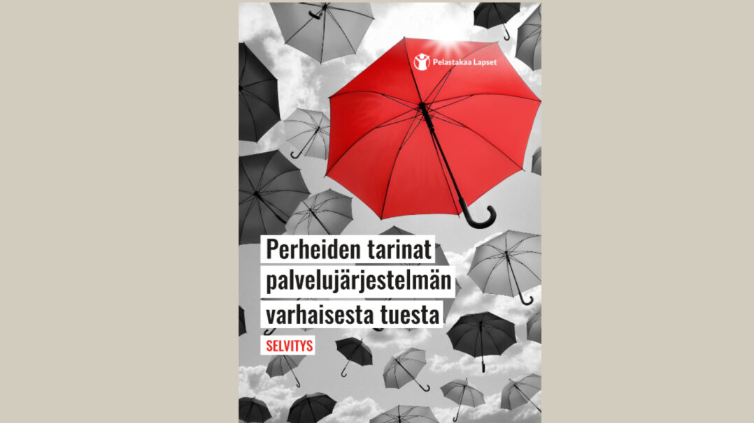 Sateenvarjoja lentää taivaalla. Yksi sateenvarjoista on punainen. Varhaisen tuen selvityksen kansikuva.