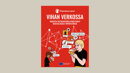 Vihan verkossa -selvityksen kansi, jossa piirroshahmot ovat älypuhelintensa välityksellä uppoutuneet vihan verkkoon.
