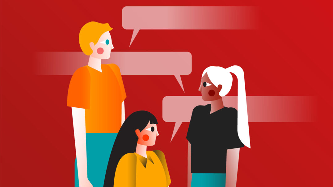 Illustration of three people engaged in a discussion, with speech bubbles surrounding them to represent conversation and exchange of ideas.